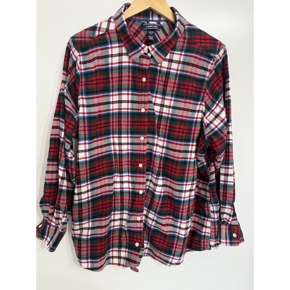 Lands End Women's Flannel Shirt Button‎ Up Plaid 24w Red White Blue Green